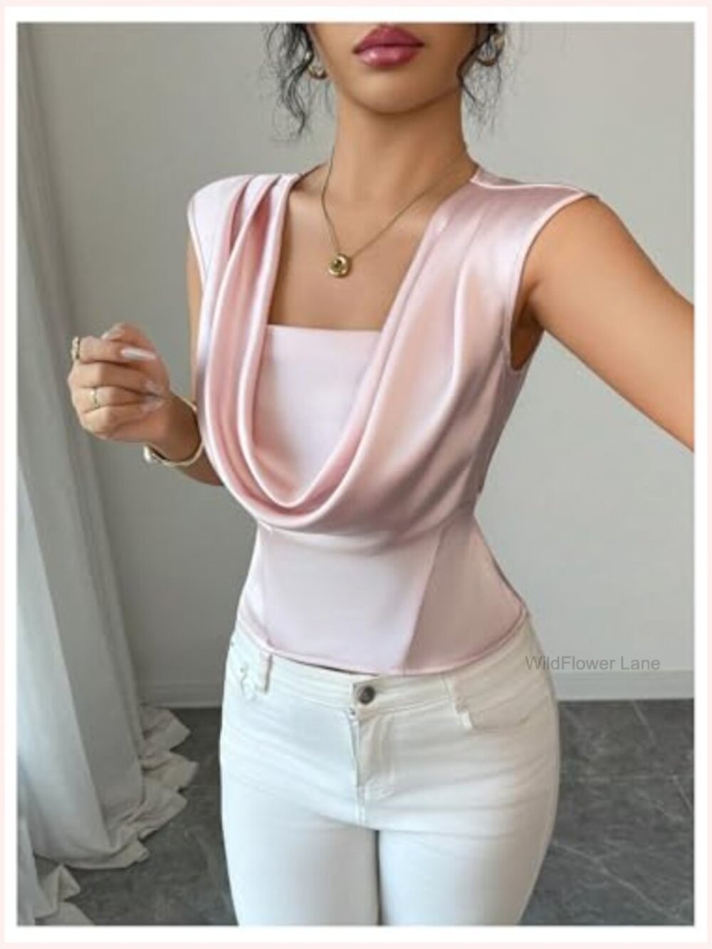 Satin Draped Cowl Neck Sleeveless Blouse Dressy Top - Picture 4 of 5